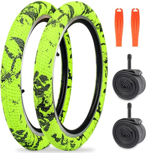 WEEROCK 20 Zoll Fahrradreifen Kid Bike Reifen 2 Pack 20x2.1 Folding Bead Ersatzreifen mit 20 Zoll Innenschläuche für 20 Zoll Fahrräder, Kinderfahrrad, MTB, Mountainbike, BMX, Grün-Gelb Schwarz