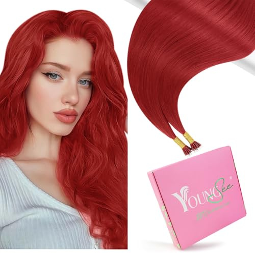 YoungSee Nano Beads Hair Extensions Red 20inch Nano Ring Hair Extensions Human Hair Colorful Nano Loop Ring Extensions Red for Wedding Cold Fusion Smooth Invisible Attachment 25g 25s