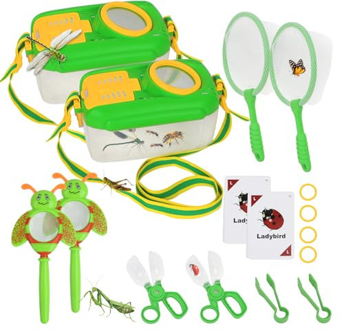 Artlyfe Kinder Insektenfänger Set (2 Sets) - Komplettes Outdoor-Entdeckerset mit Schmetterlingsnetz, Lupe, Pinzette & Klemme - Pädagogisches Entomologie-Spielzeug mit Lernkarten für Jungen und Mädchen