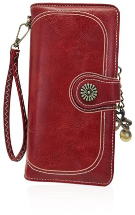 AfitLulu Geldbörse Damen Groß Geldbeutel Damen mit Abnehmbarem Armband und Retro Metall Anhänger, Portemonnaie Damen Leder Portmonee Damen Stilvoll mit Multikartenfach und ID-Fenster (Rot)