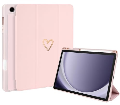 Fycyko Funda compatible con Samsung Galaxy Tab A9 Plus, Tab A9+, funda de 11 pulgadas 2023 con soporte para lápiz iPad y cubierta de punta, funda protectora con bonito patrón de corazón, color rosa