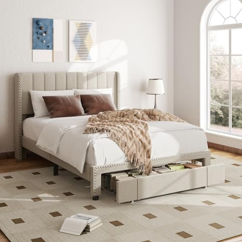 viplov Double Bed Frame, 4tf7 Upholstered Platform Bed with Storage Drawer, Vertical Channel Tufted Wingback and Rivet Decor Headboard, Beige