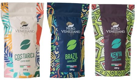Nero Veneziano Collection, Kit Degustazione - Brazil, Costa Rica & Kenya, Caffè in Grani Premium 3x200 g, Tostatura Media, Artigianale Italiano, Per Espresso e Automatiche