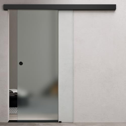 Durovin 900 * 2050mm Internal Sliding Glass Door - Fully Frosted - Black Round Handle & Rail - with Soft Close & Track 5ft for Bathrooms Kitchens Living Room Bedroom