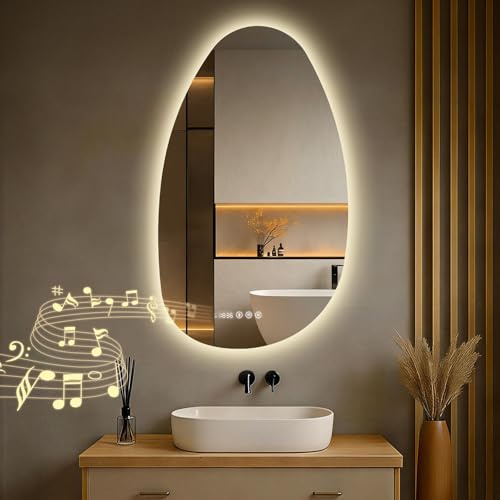 S'AFIELINA Badspiegel mit Beleuchtung 85 × 50 × 3,0 cm (H×B×T) Asymmetrisch Badezimmerspiegel mit Beleuchtung Asymmetrisch mit Touch, Antibeschlag, Uhr, Bluetooth, 3 Lichtfarben, Dimmfunktion, IP44