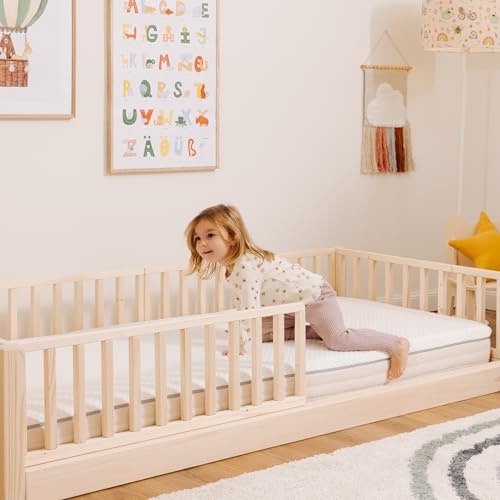 nabè Mitwachsendes Montessori-Bett | Naturholz | Bodenbett | 80 x 190 cm | Kopfteil Fußteil + 3 Seitengitter