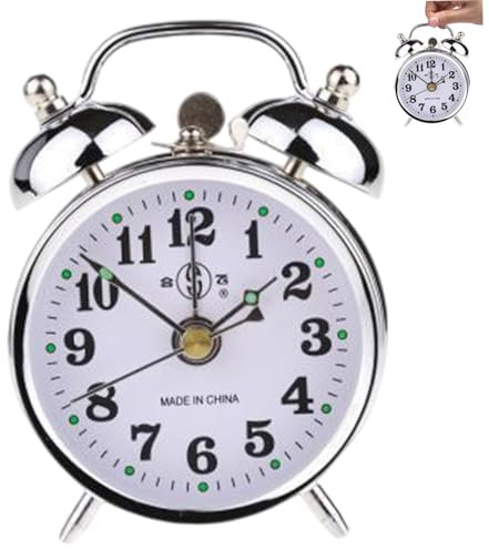 Hperu Wind Up Alarm Clock No Batteries, Vintage Wind Up Clock Silver Mechanical Alarm Small Loud for Home Office, 3.94x1.97x5.51