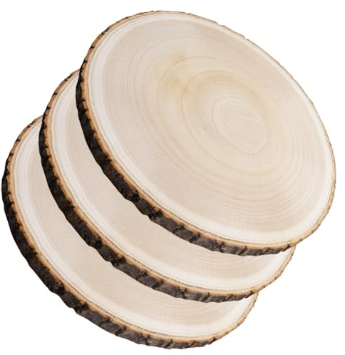 3 Stück Holzscheiben 2CM Dick, 26-30CM Baumscheiben 30 CM Deko mit Rinde, Baumscheiben Ohne Loch Durchmesser Runde aus Paulownia-Holz für Weihnachten Dekoration, Hochzeit und DIY Handwerk Holz