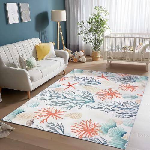 Generisch Waschbarer Teppich Wohnzimmer, Marine-Stil Korallen Seesterne Muscheln Fluffy Carpet Schlafzimmer - Kurzflor rutschfest FüR Living Room Schlafzimmer BüRo(Weiß 50 x 80 cm)
