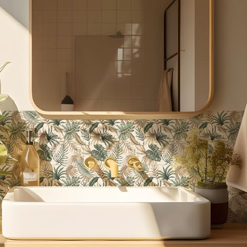 Pavimento pvc Adesivo Foglia Tropicale Verde Piastrelle Adesive Cucina Bagno Impermeabile Pannelli Decorativi per Pareti Decorazione Mattonelle Adesive Cucina 15x15cm/10 pezzi