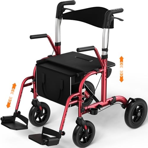 Rollator mit Sitz, 2-in-1 4-Rad Rollator & Transportstuhl, 136 kg Belastbarkeit, 8 Vorder- & 10 Hinterräder aus TPU, Doppelbremssystem, faltbares Design, höhenverstellbar, mit Einkaufstasche – Rot