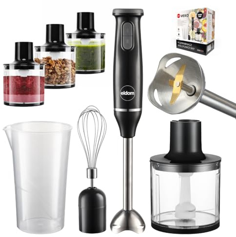 3-in-1 Stabmixer, elektrischer Stabmixer, 500 W, variable Geschwindigkeitsstufen, Edelstahl, Schneebesen, 500-ml-Zerkleinerer und 700-ml-Mixbecher, Schwarz