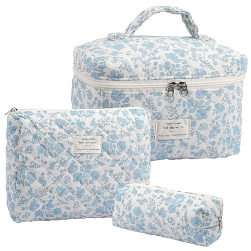 3er-Set Baumwoll Make Up Tasche, Kosmetiktasche Mädchen, Kulturtasche Damen–Ideal für Kurztrips, Alltag, Fitnessstudio oder zum Mitnehmen von Kosmetik und Pflegeprodukten (Blaue Blume)