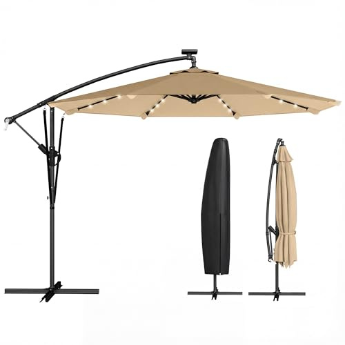Outsunny Parasol Excéntrico con Luces LED Solares, Ø330 cm, Sombrilla de Jardín con Base Cruzada, Manivela, Funda Protectora y Cuerda de Viento, Anti-UV 50+, para Terraza, Patio, Caqui