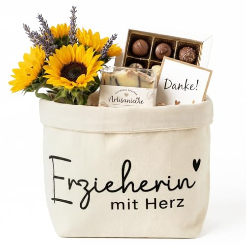 COMOOKA Erzieherin Geschenk Abschiedsgeschenk Erzieherin mit Herz Geschenkkorb Brotkorb Stoff Geschenkbeutel Erzieher Geschenke zum Abschied Kita Kindergarten