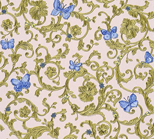 A.S. Création VERSACE WALLPAPER Vliestapete Butterfly Barocco Luxustapete mit Ornamenten barock 10,05 m x 0,70 m blau metallic rosa Made in Germany 343256 34325-6