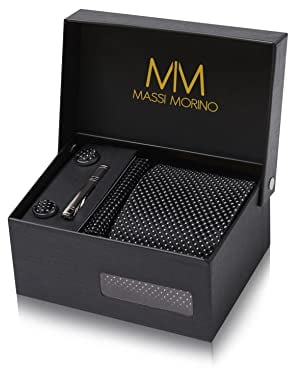 Cravate Hommes Pointillé noir et mouchoirs de poche, boutons de manchette et Pinces à cravates | Coffret cadeau | Accessoires de Fete de Mariage