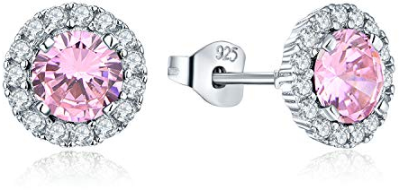 JO WISDOM Ohrstecker Silber 925 Damen Runde Ohrringe Stecker mit 3A Zirkonia Kristall Oktober Geburtsstein Rosa Turmalin Farbe,Schmuck für Frauen