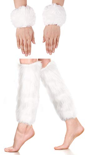 SATINIOR 2 Pairs Faux Fur Cuffs Furry Long Leg Warmer Wrist Cuff Warmer Boot Cuff (White)