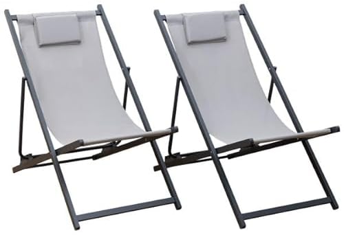 Happy Garden Set di 2 lettini in textilene Grigio Cyprus con Struttura in Alluminio Antracite - Lettini con Cuscino poggiatesta - Ideale per Giardino, terrazza e Patio