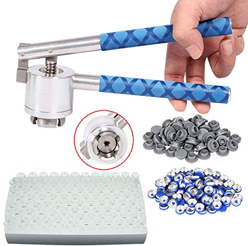 20mm sertisseur de flacon + 100 flacons en verre de 10 ml + 100 bouchons en caoutchouc + 100 bouchons en plastique et aluminium. Machine de cachetage de fiole