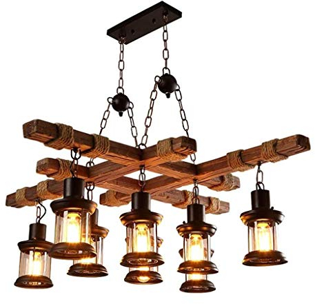 Holz Retro Hängeleuchte Industrie Rustikal Kronleuchter Höhenverstellbar Glas Lampenschirm Pendelleuchte Esstisch Jahrgang Hölzern Pendellampe Wohnzimmer Küche Hängelampe Beleuchtung,8 heads/ø68cm