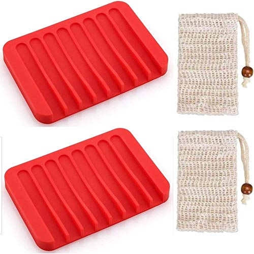 FülleMore 2 Stück Seifenschalen mit Ablauf Silikon Seifenhalter Selbstleerende Seifenablage mit 2 Stück Seifenbeutel 9x14cm Seifensäckchen für Küche Bad (Rot)