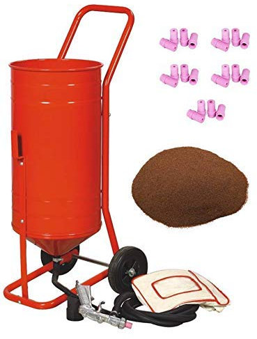 Sableuse Aérogommeuse mobile sur Roulettes 56,70L 90lb 41kg + 20 Buses + Sac 20kgs d'Abrasif Garnet Mesh 120A+
