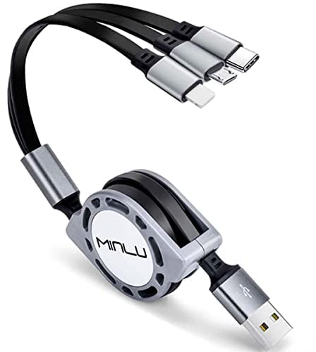 MINLU 1.2m Cable cargador retráctil múltiple 3A, 1 Piezas 3 en 1 Cable de Carga USB Múltiple con teléfono/Tipo C/Micro USB para teléfono 12 11 Xs/Tablets/Samsung Galaxy/Pixel/Huawei/LG/Xiaomi (Gray)