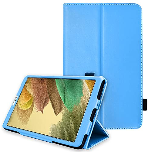 TECHGEAR Étui en cuir pour Samsung Galaxy Tab A7 Lite 8,9 (SM-T220 / SM-T225) - Étui fin en cuir synthétique de qualité supérieure - Avec dragonne - Bleu clair