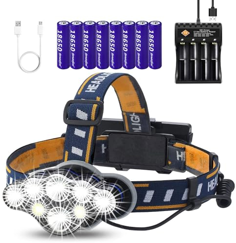 VISVIC USB Wiederaufladbaren Stirnlampe mit 4 Steckplätzen Universal-Ladegerät und 8 x 18650-Batterien, 8 Lichtmodi, 2000 Lumen LED + COB Wasserdichte Stirnlampe ür Outdoor Camping Radfahren Angeln