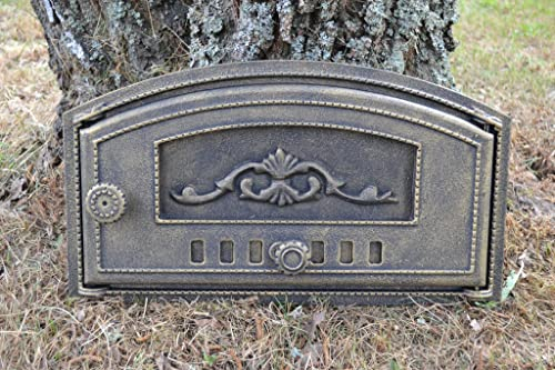 SEZAM Backofentür aus Gusseisen mit Luftregulierung, nach rechts öffnend, Pizzaofentür - Brotofen - Steinofentür, 48,5 x 6,5 x 27,5 cm - halbrund, altgoldfarbene Bemalung