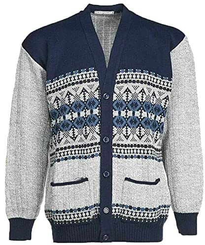 Mens Classic Style Cardigan Argyle Diamond Pattern ButtonCasual Design Button Up Thick Knit Warm Winter Grandad Sweater Knitted V Neck Cardi Long Sleeve Knitwear Vintage Jumper(Navy Button,M)
