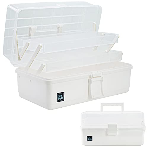 Creahaus 13inch 3 Layer Multipurpose Storage Box, Craft Storage Box with Compartments, Plastic Tool Box, Medicine storage box, Hair Accessories Organiser, Sewing Box with 2 Trays (White)