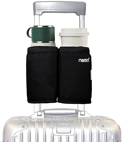 riemot Luggage Travel Cup Holder, Free Hand Drink Caddy - Hold Two Coffee Cups, Fits Roll on Suitcase Handles - Gifts for Travelers, Tourist, Flight Attendants Travelers Accessories, Black 2