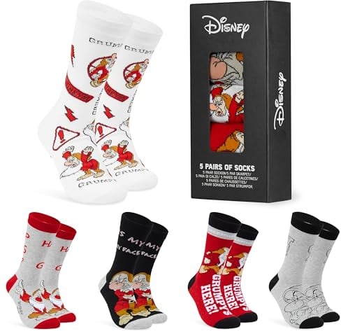 DISNEY Lustige Socken für Männer & Teenager 5er Pack - Gr. 40-45, Bunte Baumwollsocken mit Spaßmotiven (Grau Grumpy, 40-45 EU)