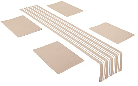 Encasa XO Runner da Tavola e Set di Tovagliette 4 | Cotone a Coste Sottili | Franca Beige | 1 Runner da Tavola 32x150 cm e Ogni Tovaglietta 48x32 cm