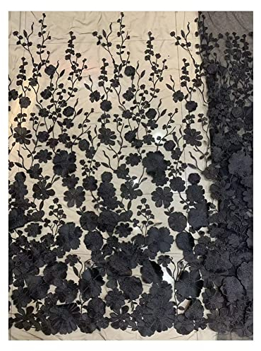 SHTGOI 1 Yard 3D Blumen Bestickte Spitzenstoff 125 cm Breite Tüll Spitze Stoff Stickereistoff Netzstoff für Nähen Kleid Braut Hochzeitskleid Hochzeit Party Dekoration Heimdekoration Schwarz