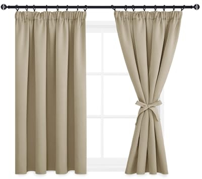 DWCN Fensterdeko Vorhänge mit Kräuselband Blickdicht Wohnzimmer mit Vorhang-Krawatten, Verdunkelungsvorhang Gardinen Kurz Thermogardine Wärmeisolierend, 137x167cm(HöhexBreite), Taupe, 2er Set