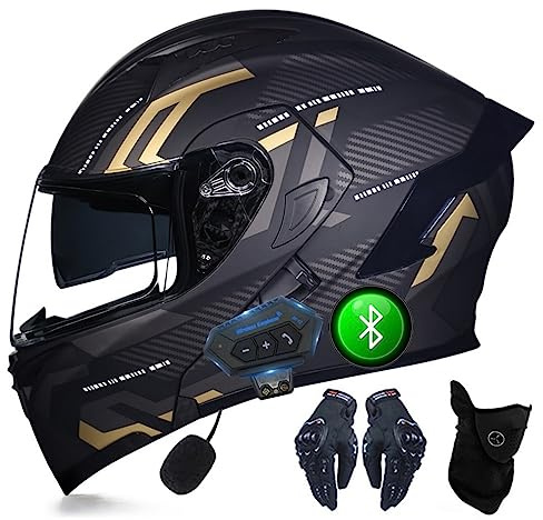 casco Bluetooth para Motocicletas, con Guantes y Mascarillas, Modulares Aprobados por ECE, Completos con Doble Visera, M A XXL