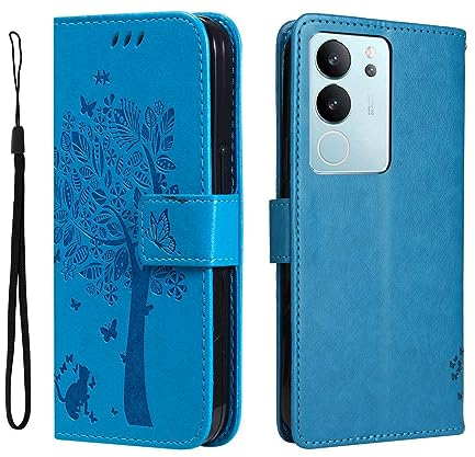 PEIYE Hülle für Vivo V29 5G - Handyhülle mit Flip Leder, Stoßfeste Silikon Bumper, Schutzhülle mit Kartenfach & Wallet, Ständer & Magnetverschluss - Cover Case -Blau