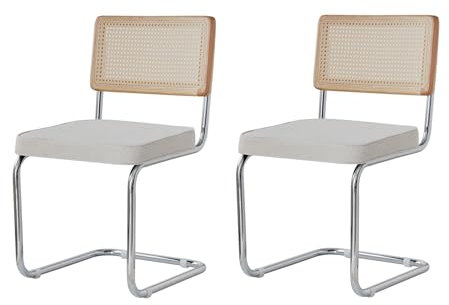 BenyLed Lot de 2 Chaises de Salle à Manger en Velours avec Pieds en Métal Chromé ; Chaises de Cuisine Modernes avec Dossier en Bois Massif de Rotin (Blanc- Polaire)