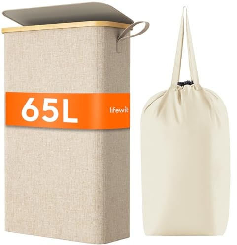 Lifewit Cesto Ropa Sucia Estrecho con Tapa 65L, Cesto de Ropa Plegable con Bolsa Extraíble y Asa, Cesta Ropa Sucia de Bambú, Cubo de Ropa para Dormitorio, Baño, Lavandería, Dormitorio, Beige