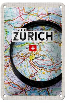 Femer Blechschild Reise 12x18cm Zürich Schweiz Karte Lupe Stadt Dekoration