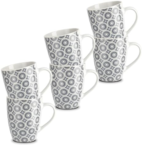 KHG 6er Set Kaffeebecher 300ml Volumen aus hochwertigem Steinzeug, Kaffeetasse mit Ornamenteprint, Kaffeebecher mit Henkel, spülmaschinengeeignet, mikrowellengeeignet