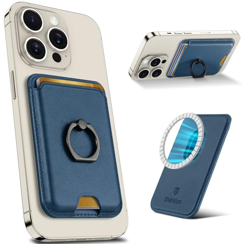 Shieldon Porte-Cartes Adhésifs Portefeuille Magnétique en Cuir Véritable, Max 3 Cartes [Anti Signaux RFID] Pochette Portefeuille Support Bague Réglable pour Série iPhone 15/14/13/12 - Bleu Royal