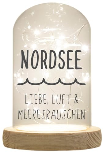 WB wohn trends LED-Glaskuppel, Nordsee Liebe Luft Meeresrauschen, 16,5x11cm, Glasglocke mit LED-Licht und Holz-Fuß, Dekorationsartikel