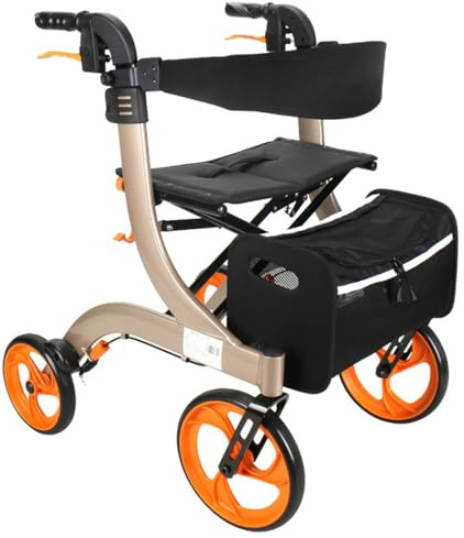 Leichtgewichtrollator,Höhenverstellbare Rollatoren,Gehhilfe faltbar,Outdoor Rollator,Rollator mit Sitzfläche,Gelände-Rollator für drinnen und draußen champagne gold