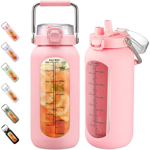 BLUEGO 2000ml Gourde en Verre avec Poignée en Inox et Marqueur de Temps Verre de Motivation 2L avec Manchon en Silicone et Paille pour Gym Office Extérieur Sport Bouteilles d'eau Sans BPA, Rose