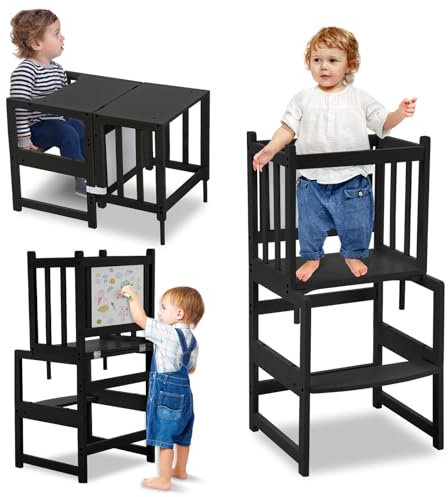COSYLAND 3-in-1 Kleinkind-Küchen-Tritthocker, Stehturm für Kinder, Kleinkinder, Kinder, Küchentheke, Badezimmer, wandelbarer Mutterhelfer-Turm zum Lernen, Hocker mit Whiteboard, Schwarz